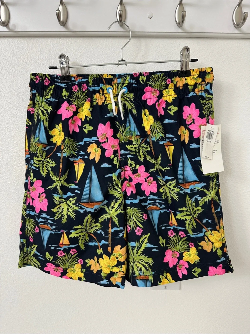 Old Navy XL 14/16 Navy Tropical Trees Boats Swim Trunks Pink & Yellow Hawaiian